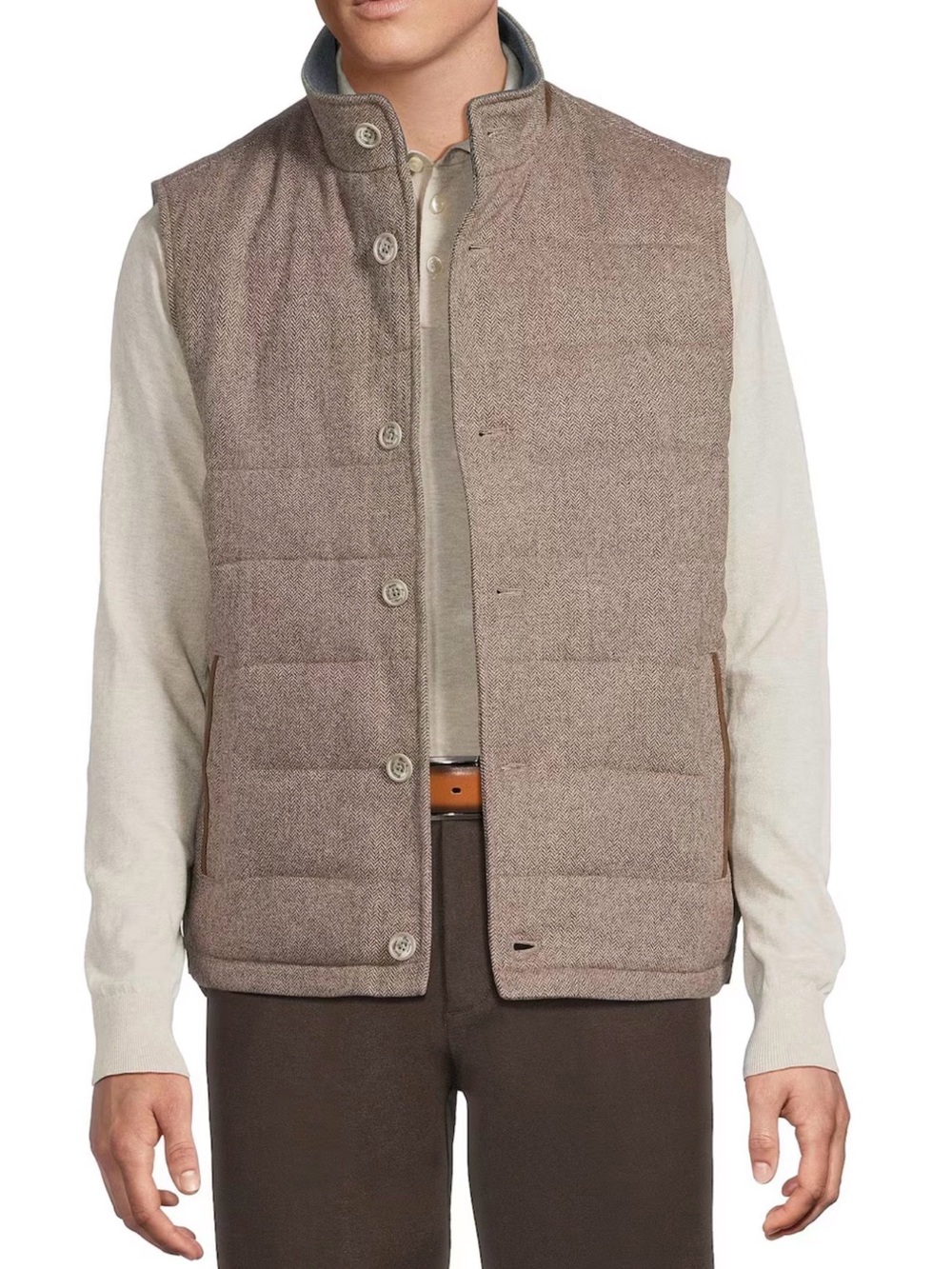 Daniel Cremieux Quilted Taupe-Brown Stand-Collar Vest 70% wool